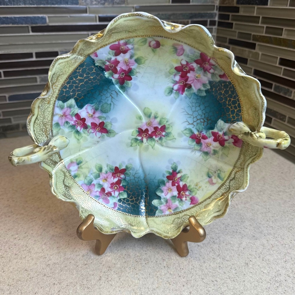 Antique Wheelock Tokio Japan Hand Painted Floral Spiderweb Porcelain Bowl Gold